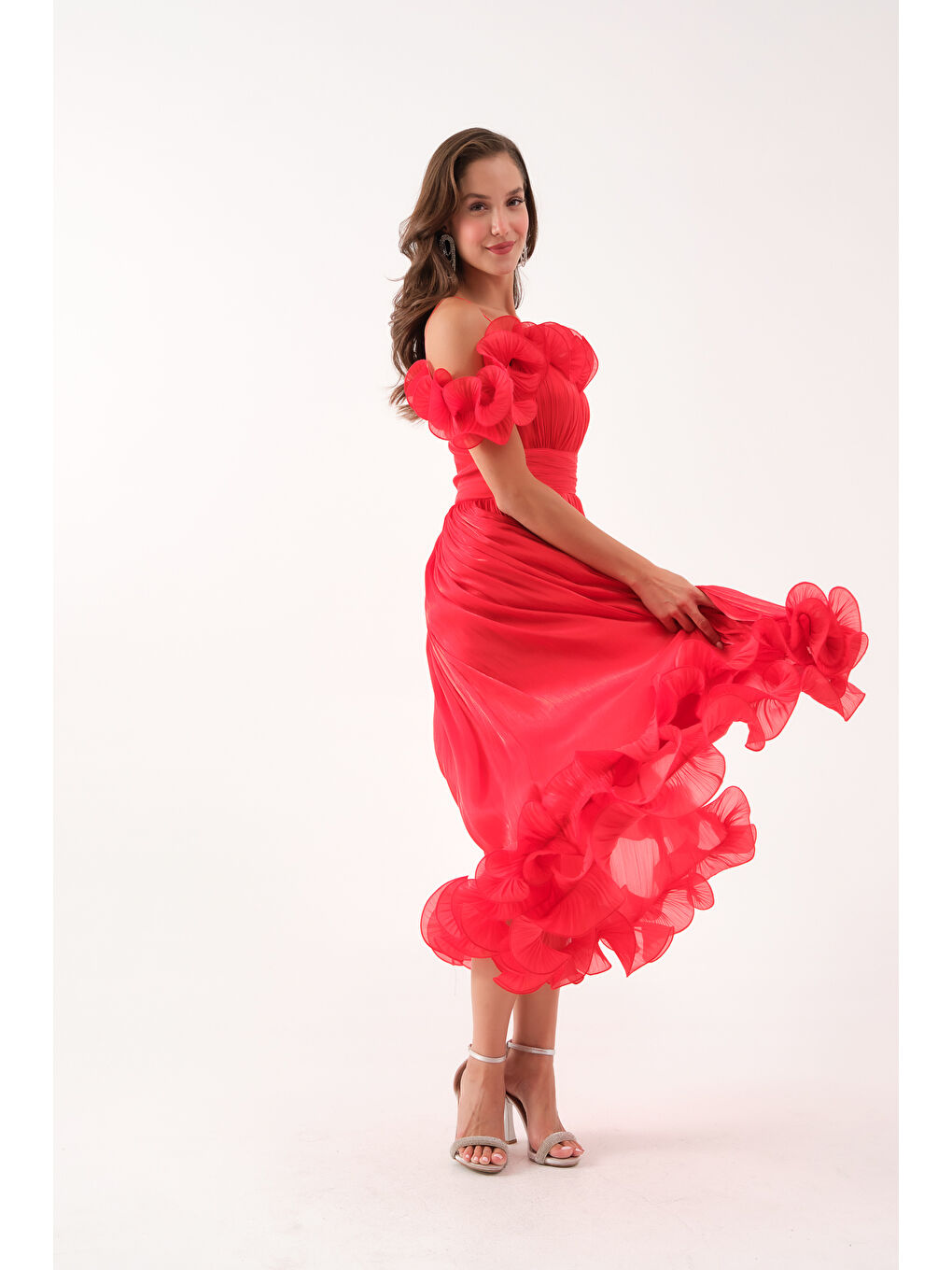 Kadın Kırmızı Yaka Detay Midi Abiye Elbise-2