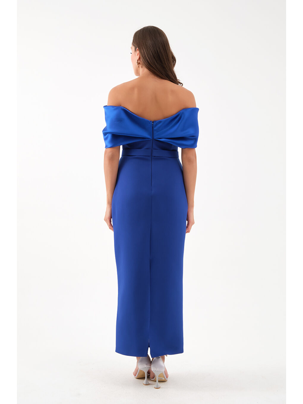 Mavi Kadın Saks Kayık Yaka İncili Söz Nişan Nikah Abiye Elbise-4