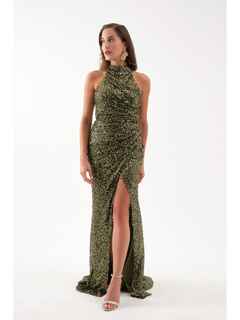 Kadın Haki Pul İşlemeli Balık Abiye Elbise-1