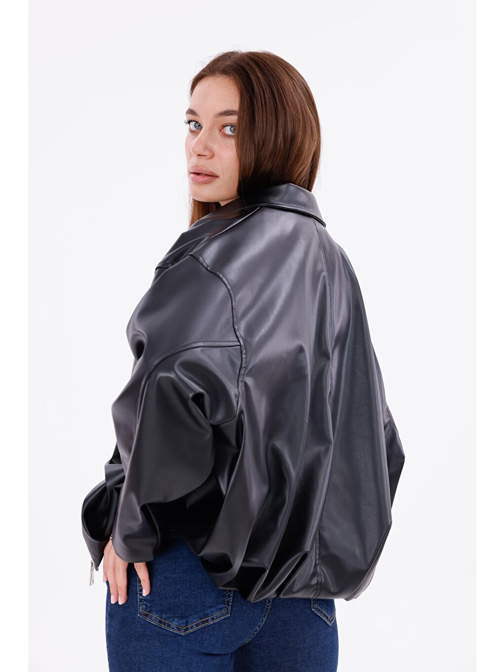 Siyah Kadın Oversize Deri Görünümlü Ceket – Fermuarlı Modern Stil Günlük Dış Giyim-7