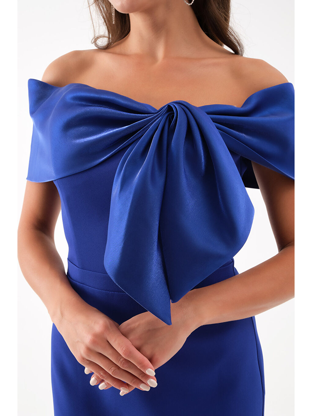 Mavi Kadın Saks Yaka Detaylı Söz Nişan Nikah Abiye Elbise-3