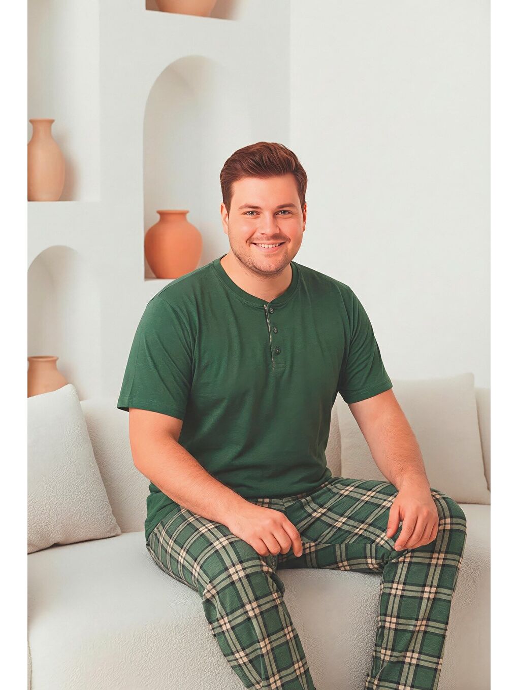 Yeşil Erkek %100 Doğal Pamuk Ekoseli Kısa Kollu Düğmeli Yüksek Kaliteli Pijama Takımı-2