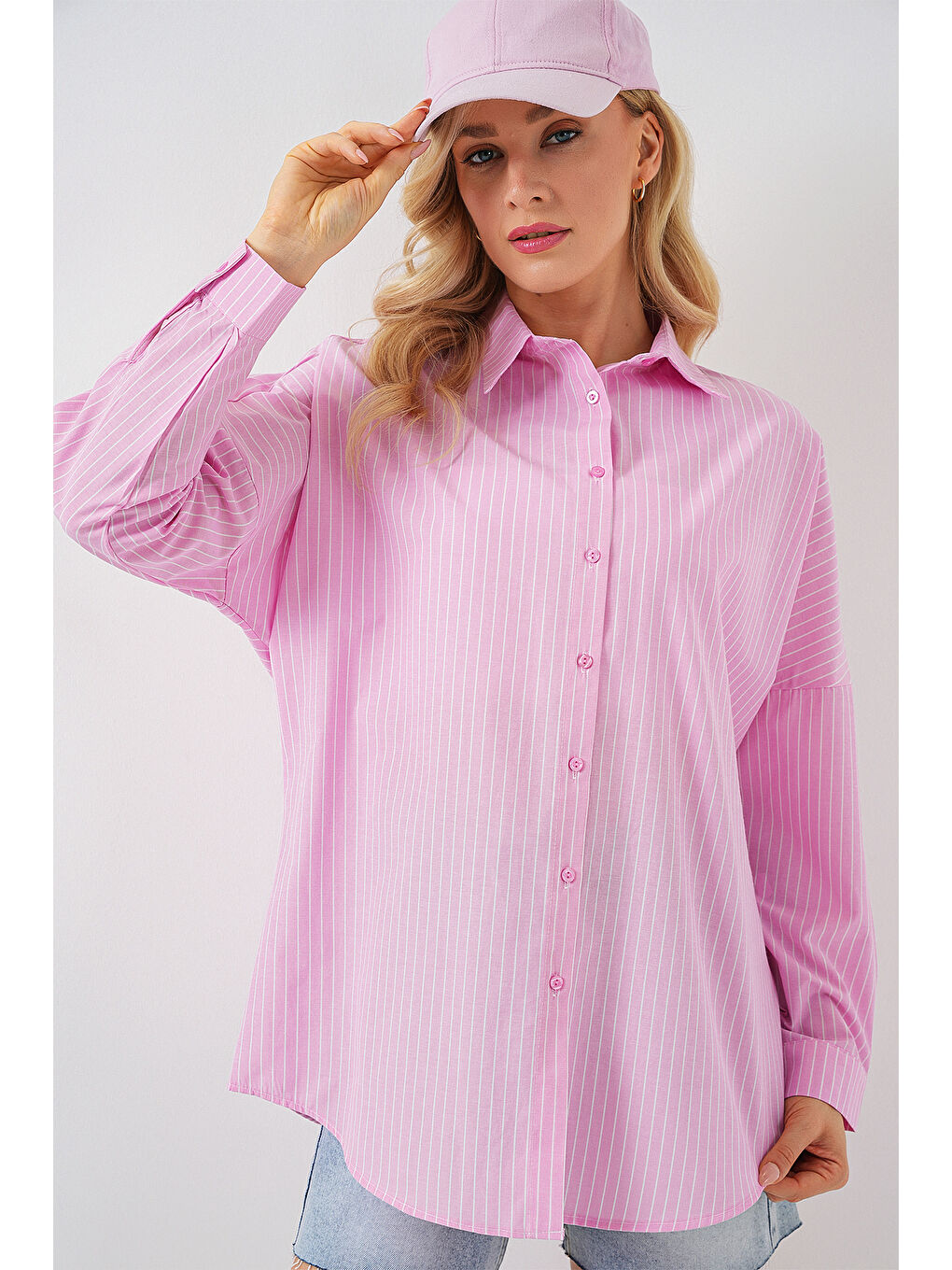 Kadın Çizgili Oversize Gömlek 20332 - Pembe-1