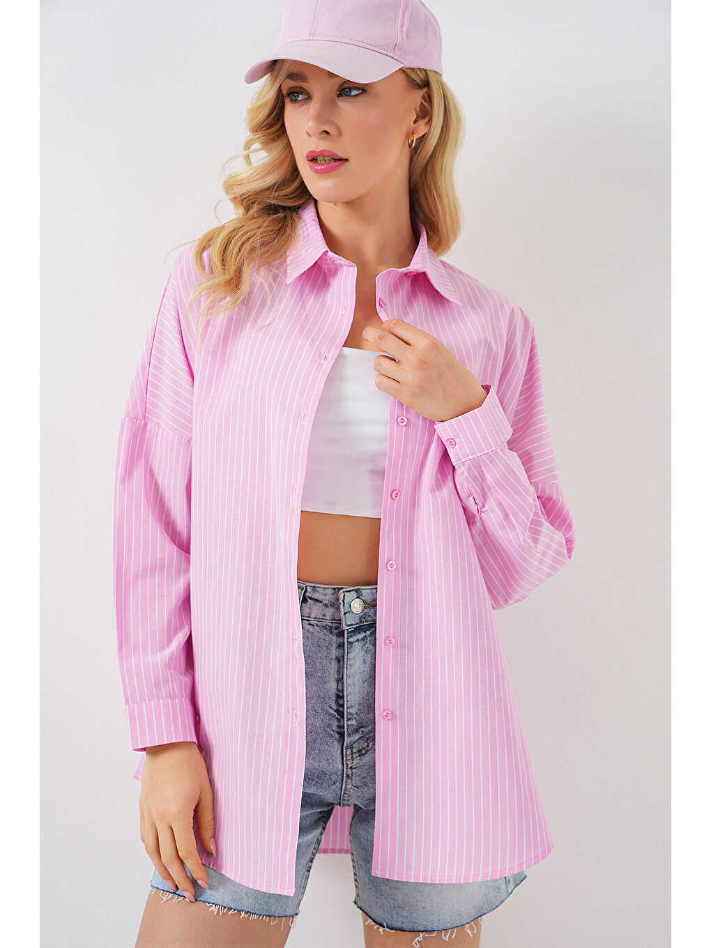 Kadın Çizgili Oversize Gömlek 20332 - Pembe-2