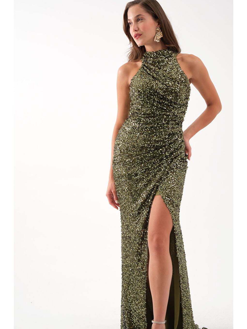 Kadın Haki Pul İşlemeli Balık Abiye Elbise-2