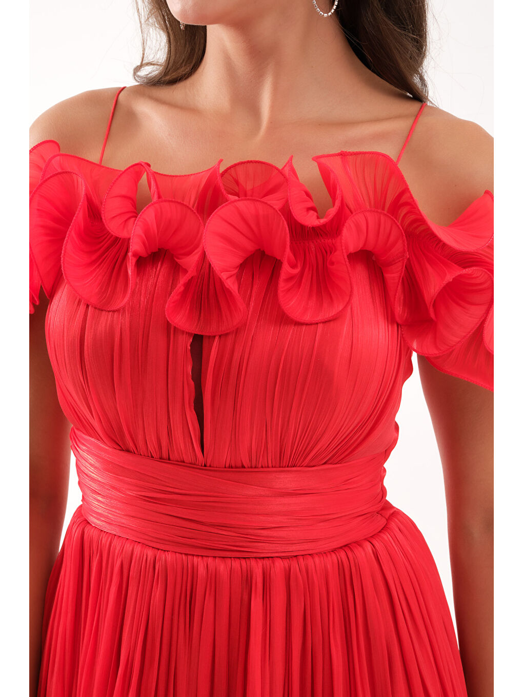 Kadın Kırmızı Yaka Detay Midi Abiye Elbise-3