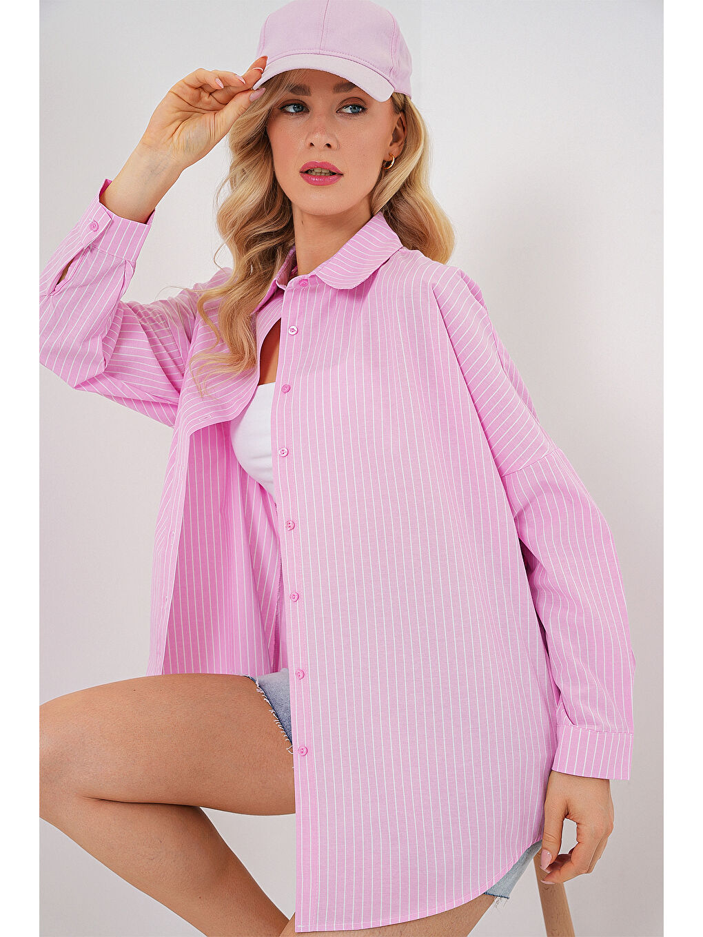 Kadın Çizgili Oversize Gömlek 20332 - Pembe-3