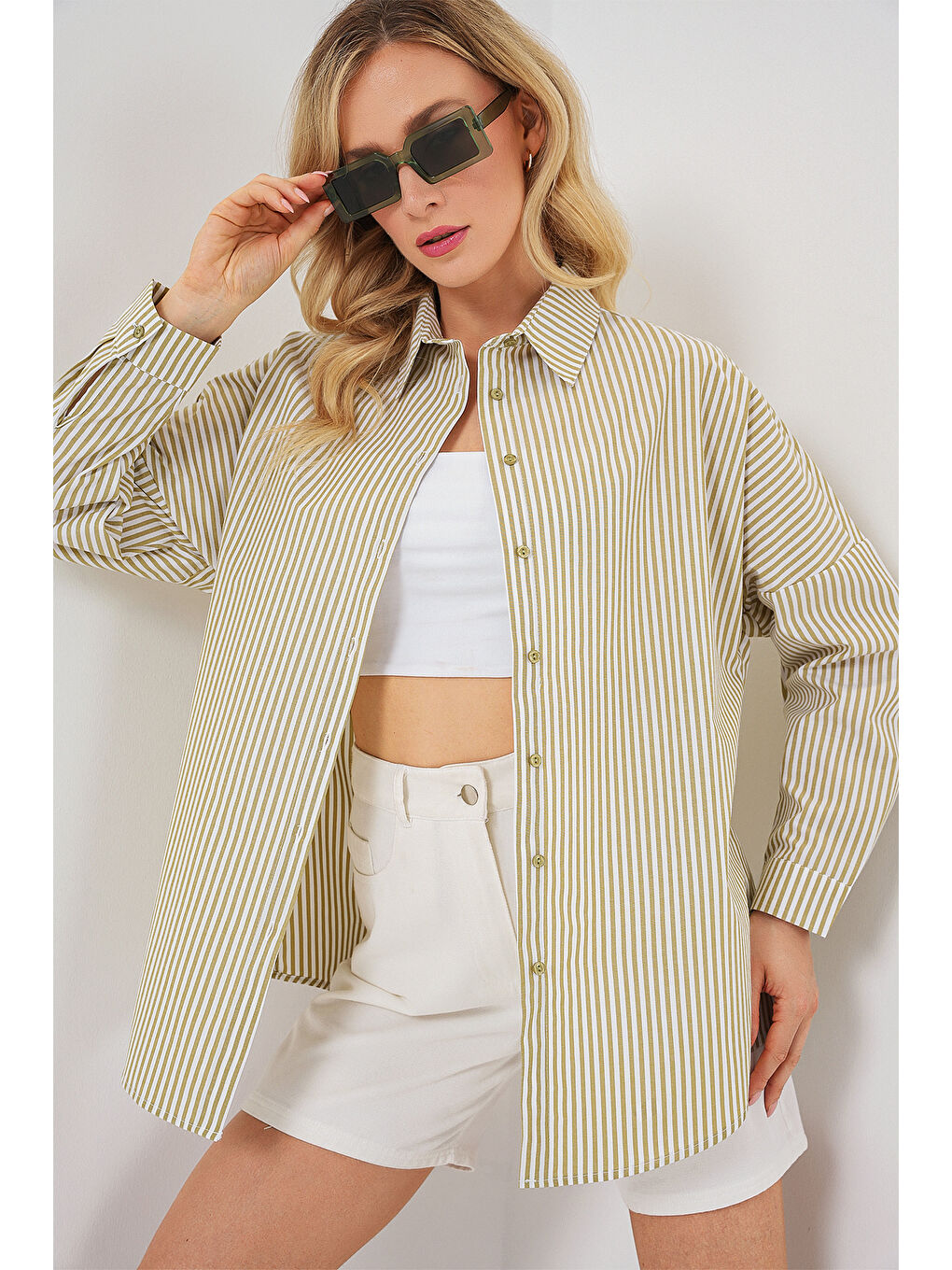 Yeşil Kadın Çizgili Oversize Gömlek 20332 - Çağla