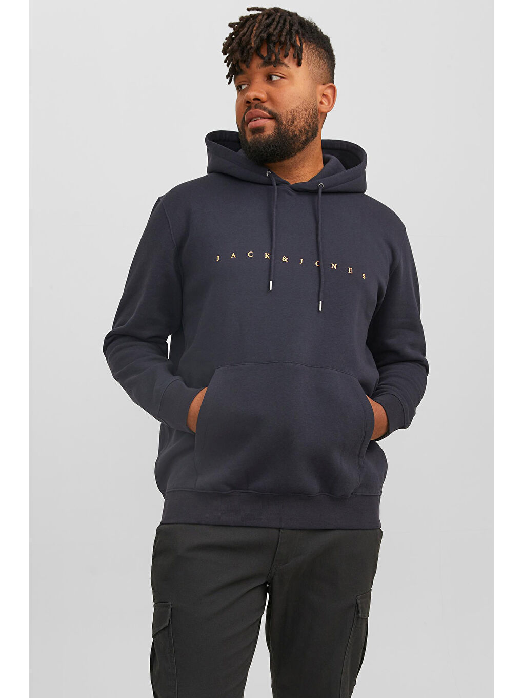 Jack & Jones Lacivert Plus Jjestar Büyük Beden Pamuklu Kapüşonlu Logolu Cepli Relaxed Fit Erkek Sweat 12243527