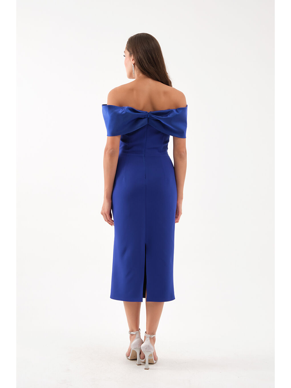 Mavi Kadın Saks Yaka Detaylı Söz Nişan Nikah Abiye Elbise-4