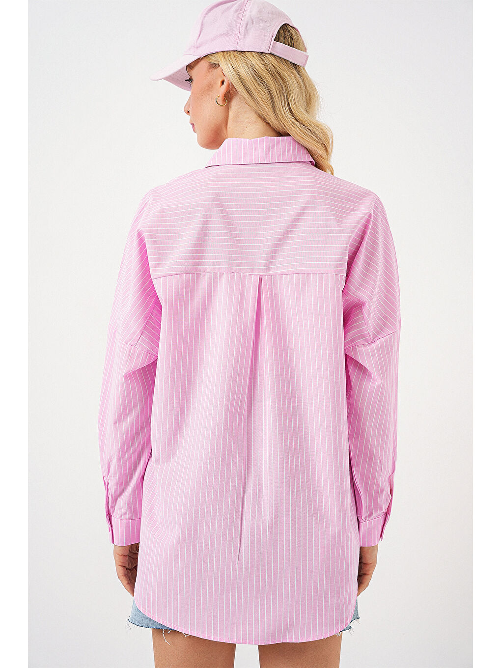 Kadın Çizgili Oversize Gömlek 20332 - Pembe-5