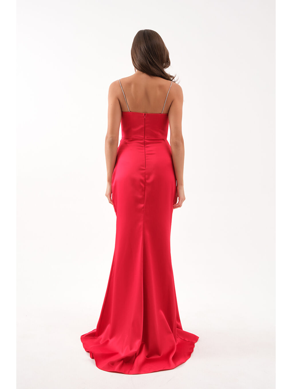 Kadın Kırmızı Taş Askılı Uzun Söz Nişan Abiye Elbise-4