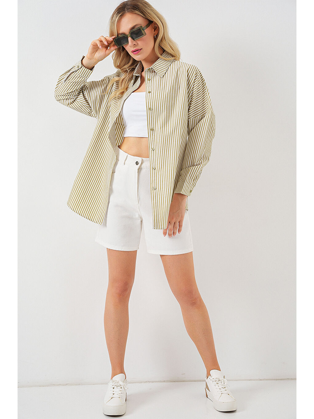 Yeşil Kadın Çizgili Oversize Gömlek 20332 - Çağla-1