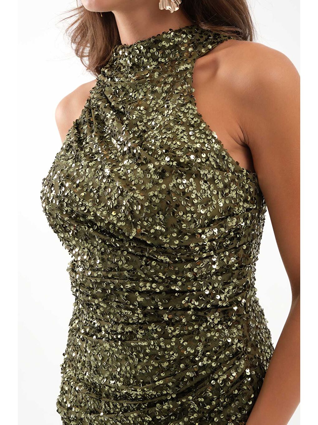 Kadın Haki Pul İşlemeli Balık Abiye Elbise-3