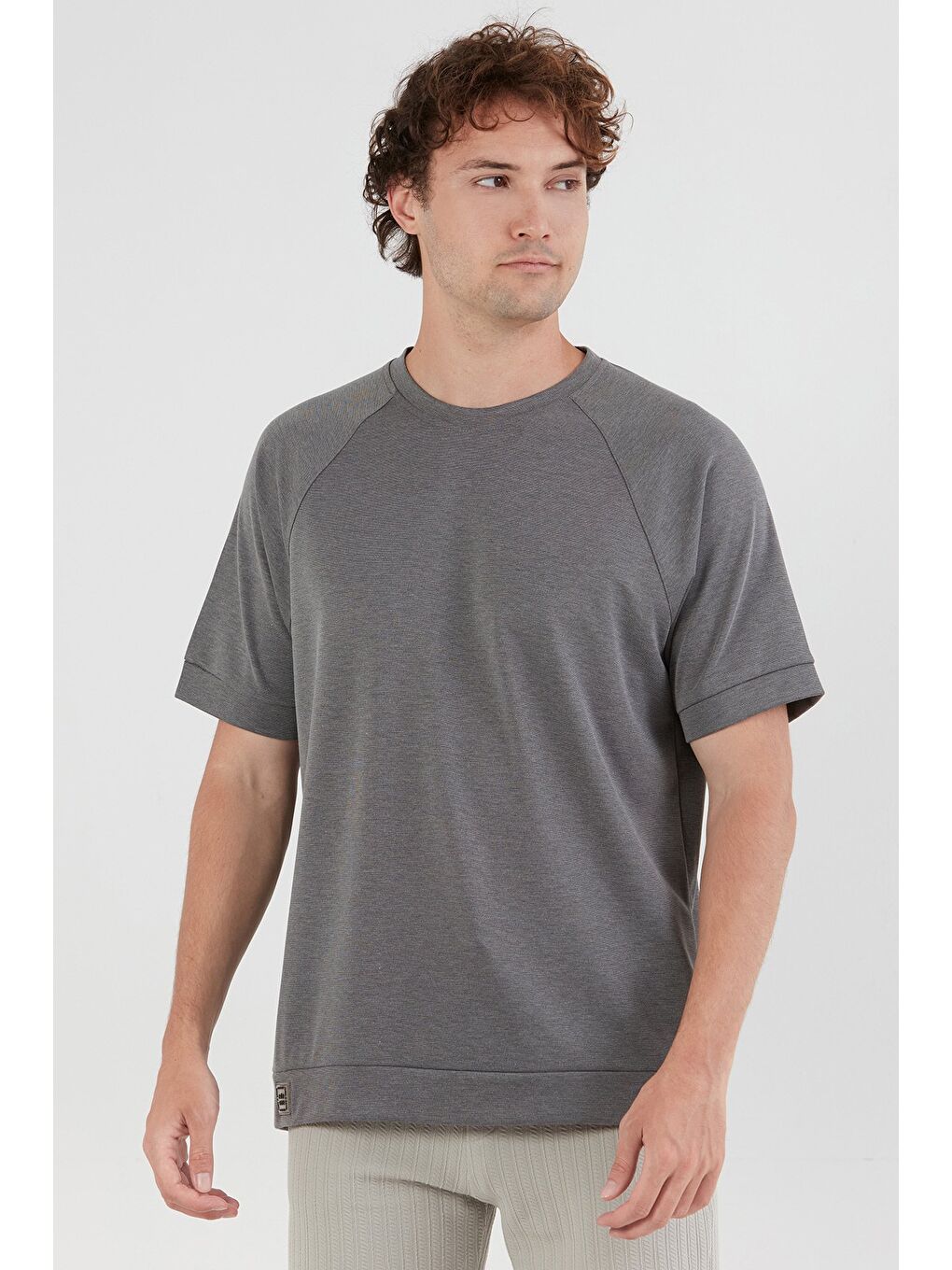 Gri Basic Kırçıllı Reglan Kol Tişört-1