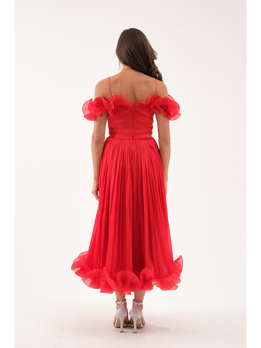 Kadın Kırmızı Yaka Detay Midi Abiye Elbise-4