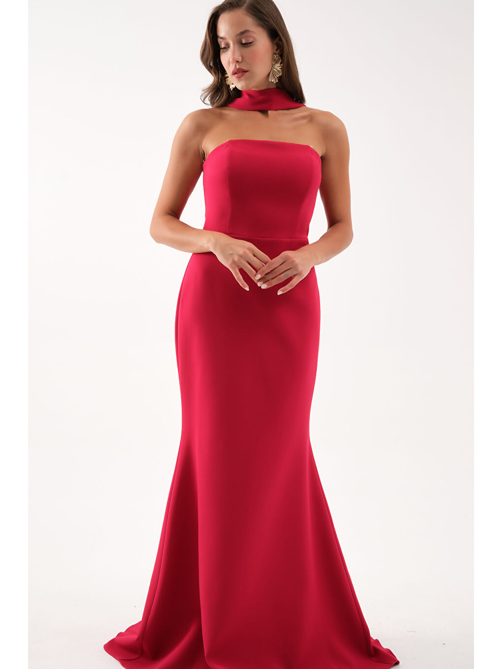 Kadın Bordo Şal Yaka Detay Uzun Abiye Elbise-1