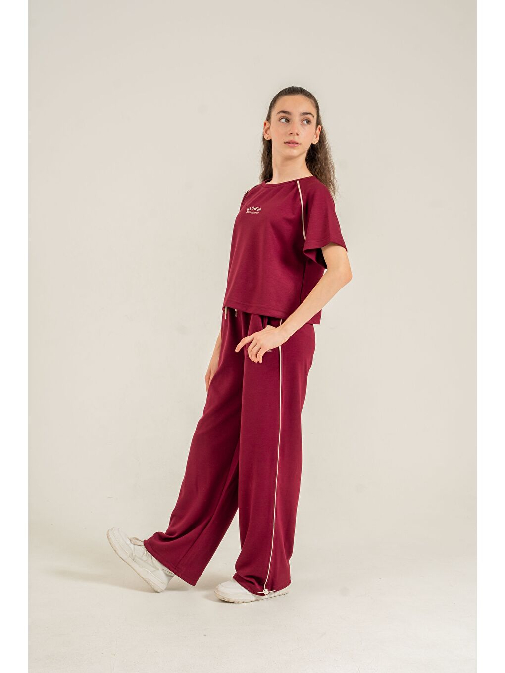 Bordo Glowup Dreams Nakışlı Yumaşak Dokulu-Comfort Kumaş Kız Çocuk Alt Üst Eşofman Takımı-2