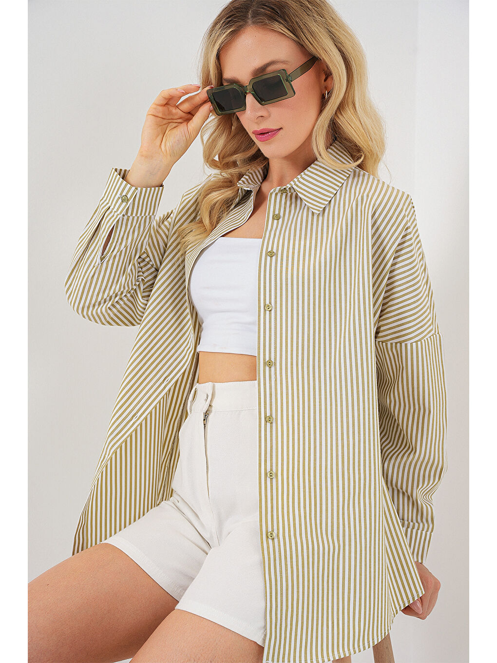 Yeşil Kadın Çizgili Oversize Gömlek 20332 - Çağla-3