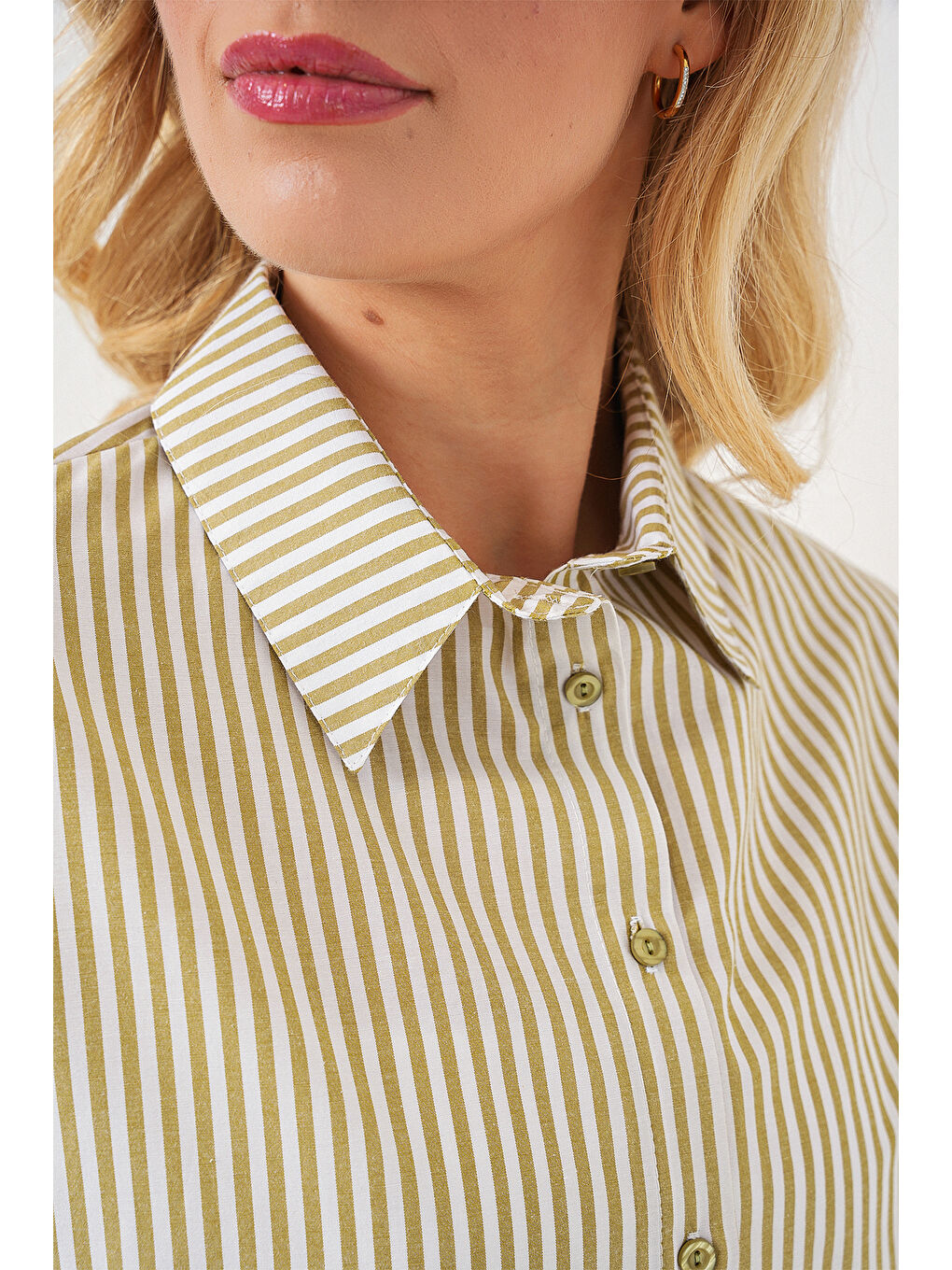 Yeşil Kadın Çizgili Oversize Gömlek 20332 - Çağla-4