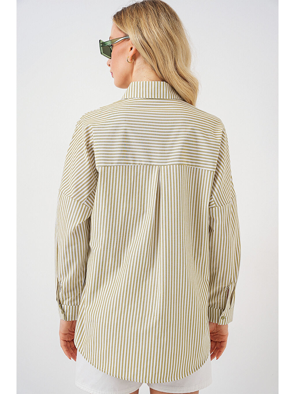 Yeşil Kadın Çizgili Oversize Gömlek 20332 - Çağla-5