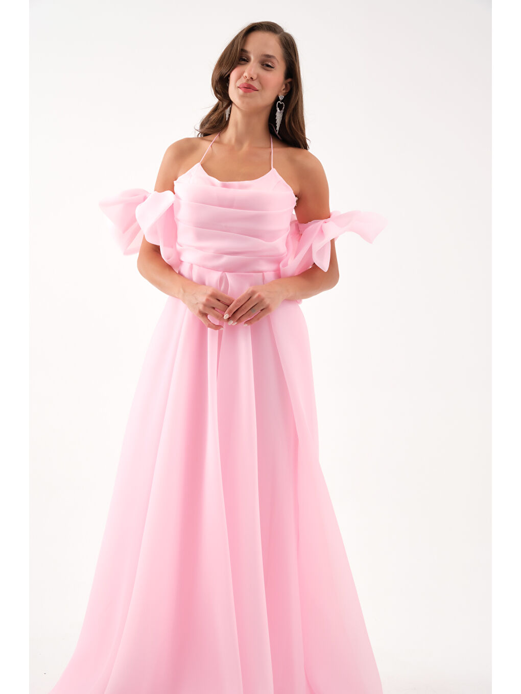 Pembe Kadın Pudra Göğüs Drapeli Organze Abiye Elbise-1