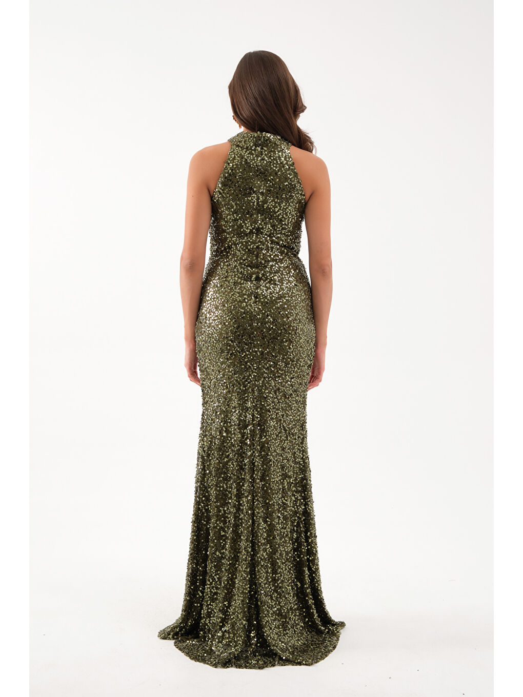 Kadın Haki Pul İşlemeli Balık Abiye Elbise-4