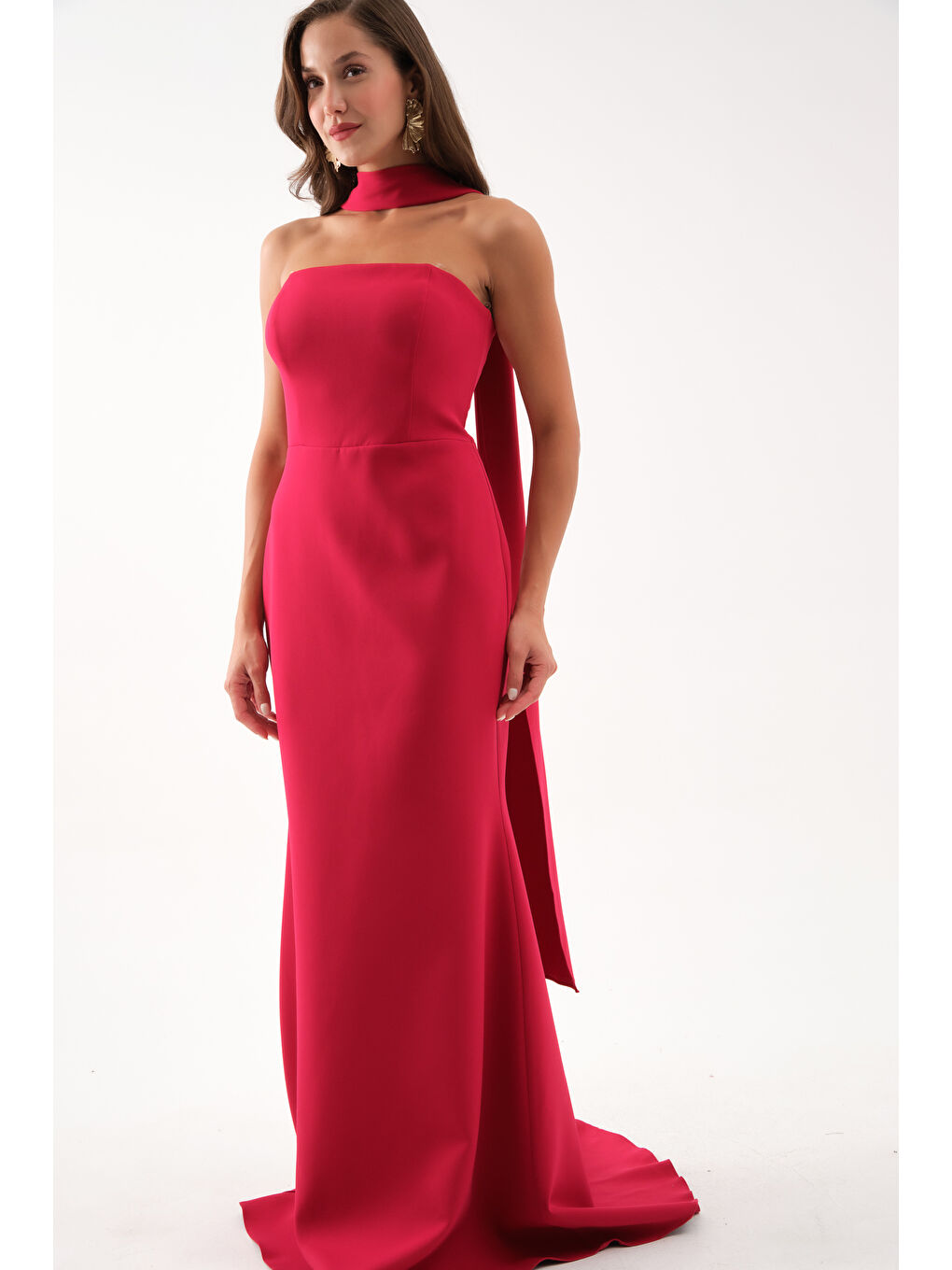 Kadın Bordo Şal Yaka Detay Uzun Abiye Elbise-2