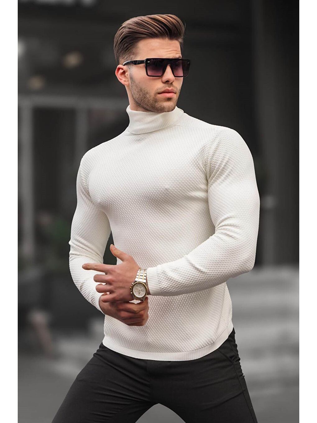 Beyaz Kemik Rengi Balıkçı Yaka Erkek Triko Kazak 6306