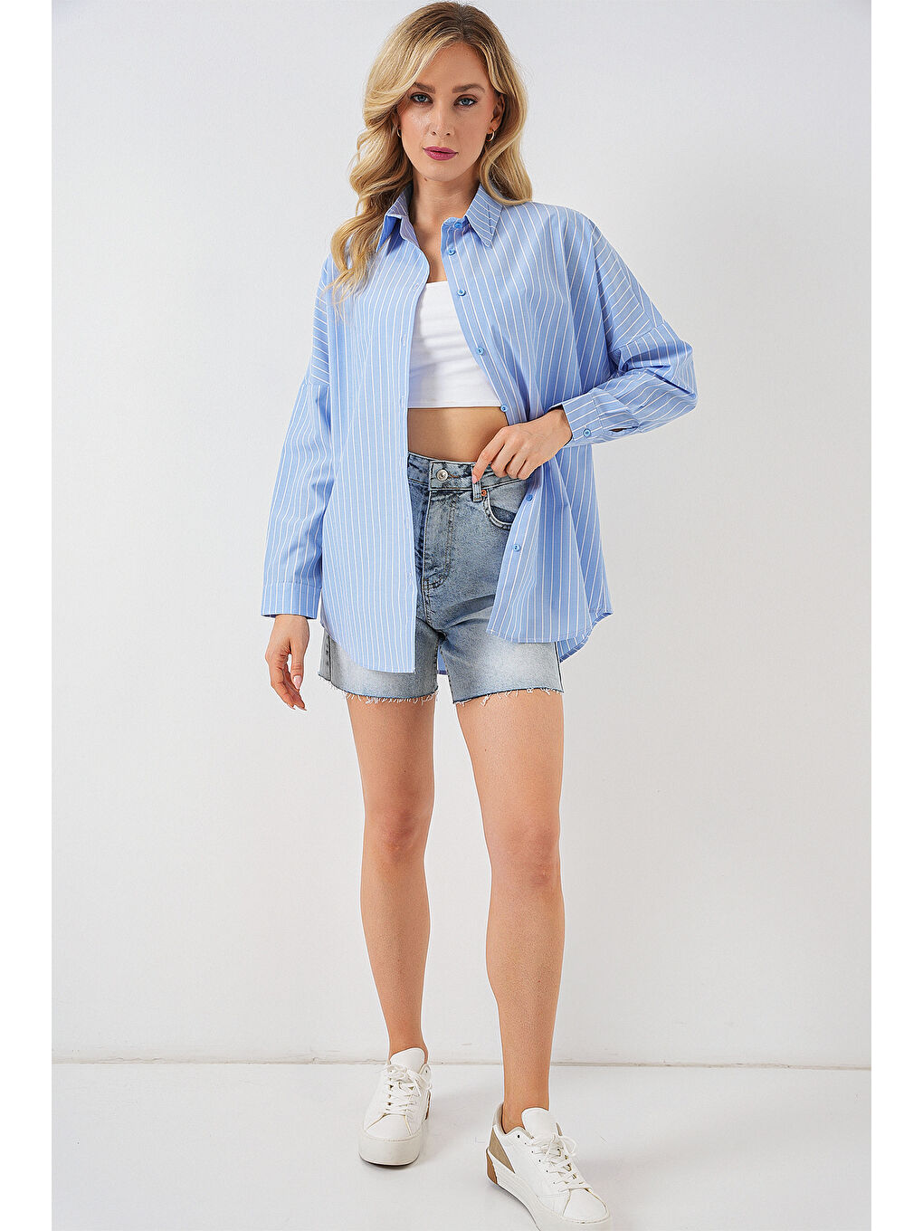 Kadın Çizgili Oversize Gömlek 20332 - Mavi-1