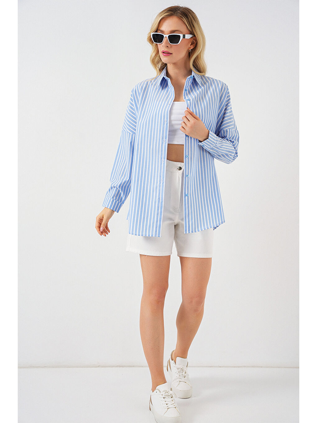 Bej Kadın Çizgili Oversize Gömlek 20332 - B.Mavi-1