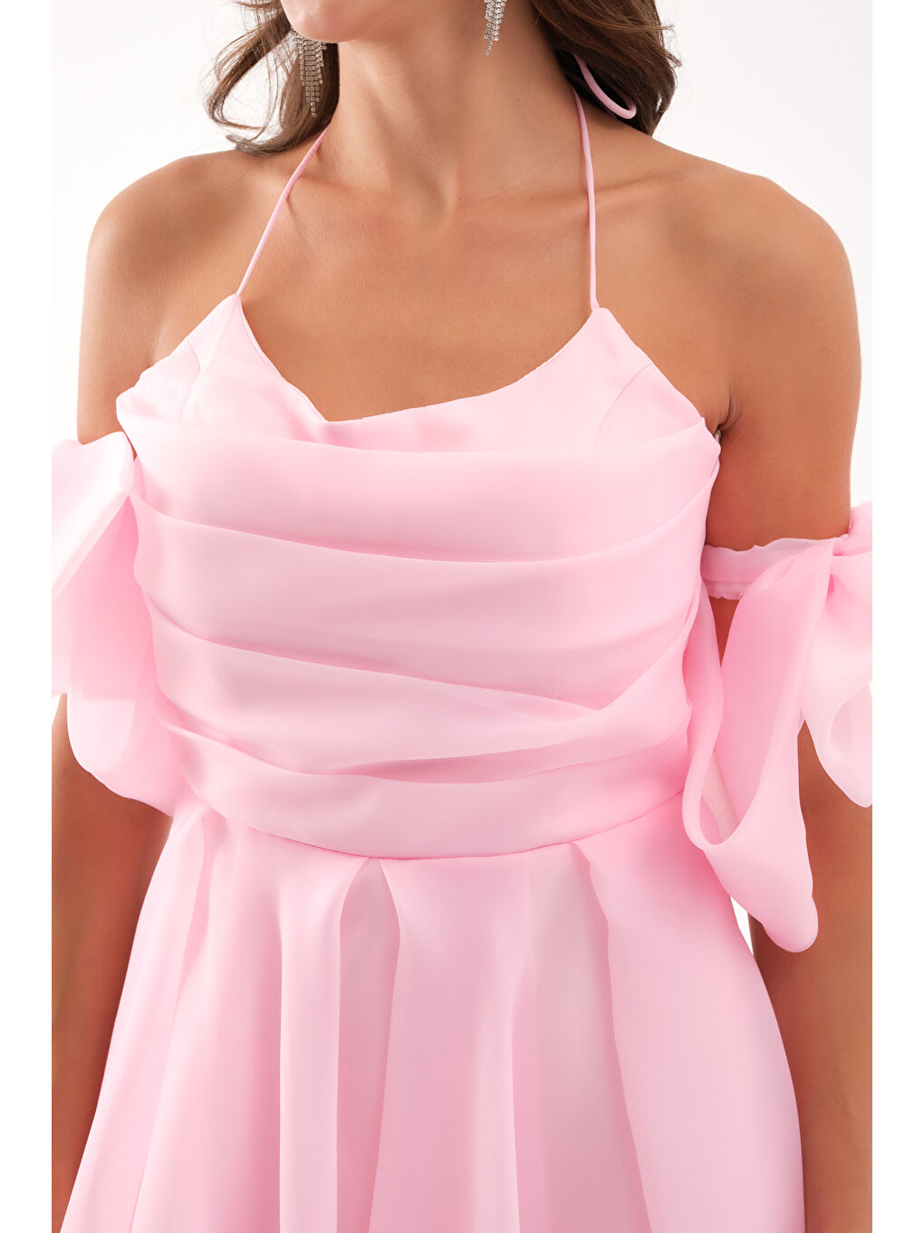 Pembe Kadın Pudra Göğüs Drapeli Organze Abiye Elbise-2