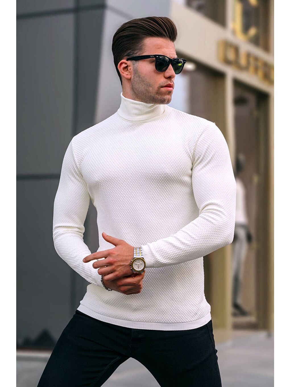 Beyaz Kemik Rengi Balıkçı Yaka Erkek Triko Kazak 6306-1