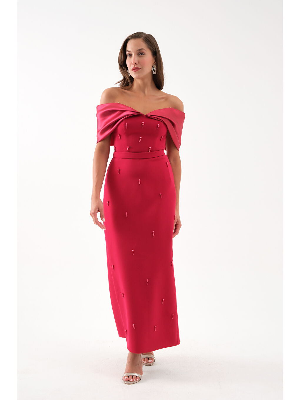 Kadın Bordo Kayık Yaka İncili Söz Nişan Nikah Abiye Elbise-1