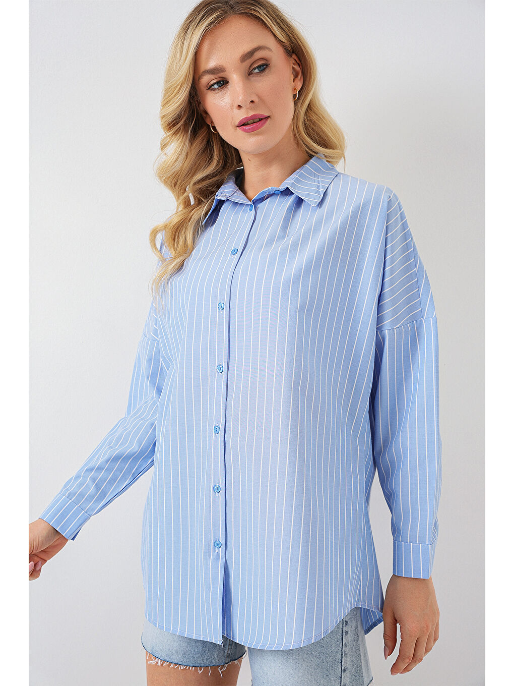 Kadın Çizgili Oversize Gömlek 20332 - Mavi-2