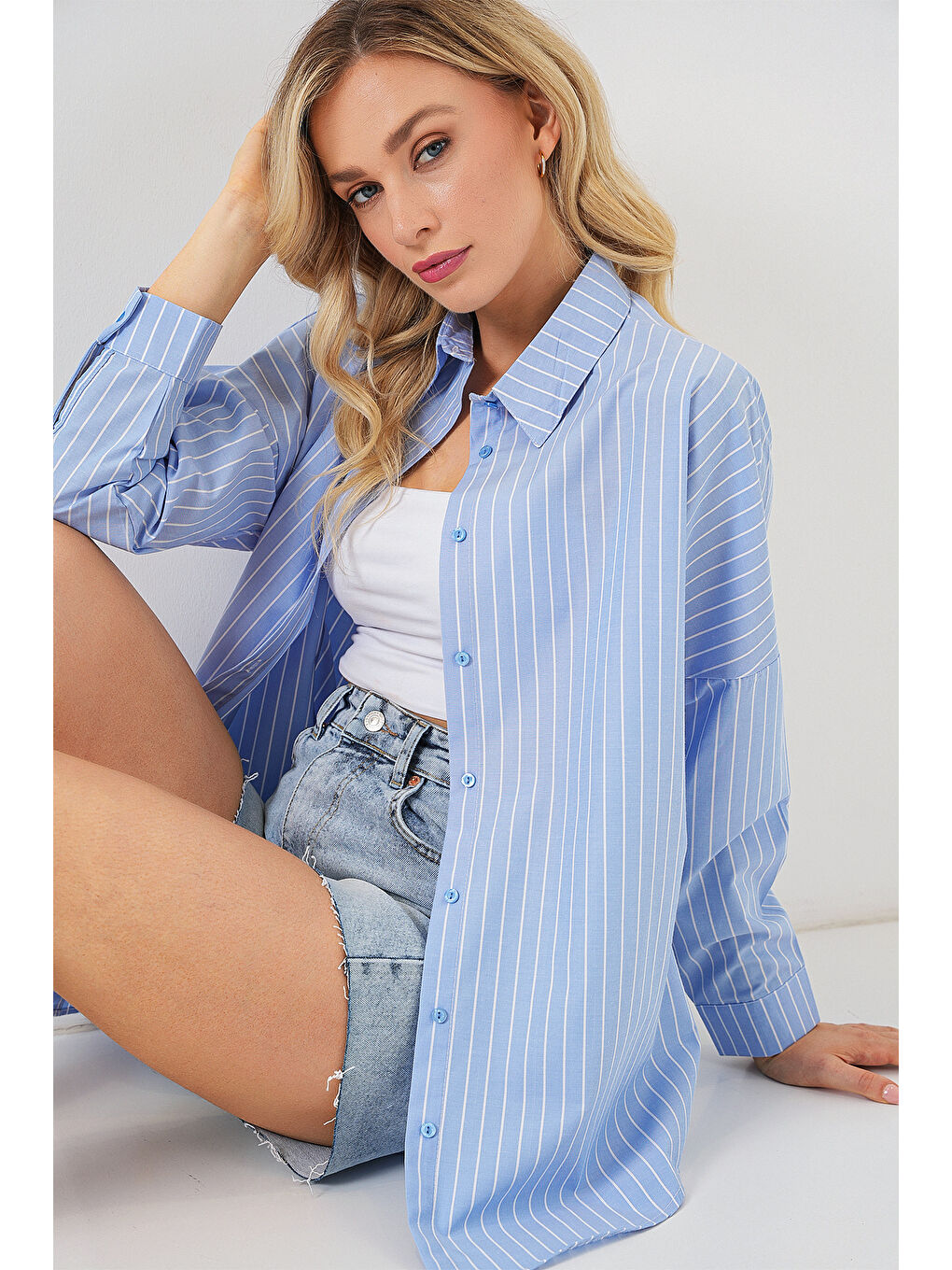 Kadın Çizgili Oversize Gömlek 20332 - Mavi-3