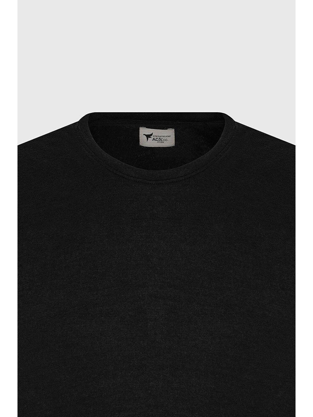 Erkek Siyah Slim Fit Dar Kesim Bisiklet Yaka Kısa Kollu Keten Görünümlü Tişört-6