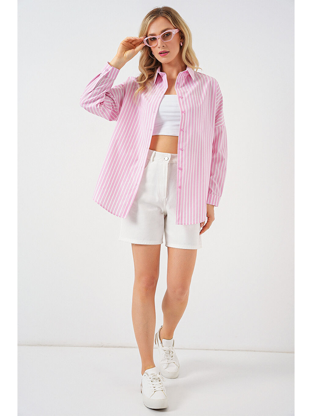 Pembe Kadın Çizgili Oversize Gömlek 20332 - Pudra-1