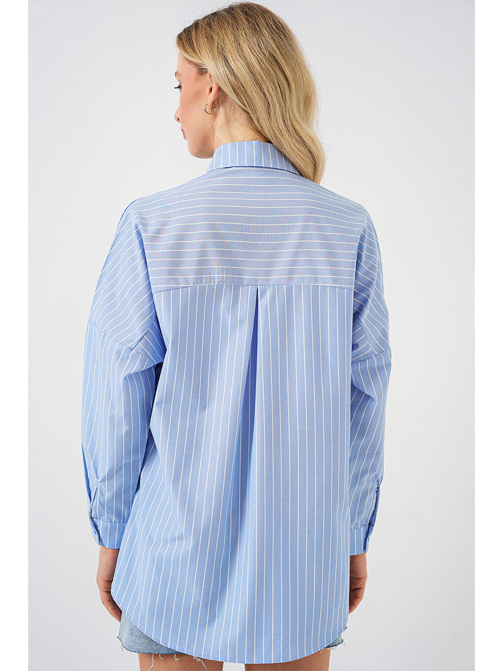 Kadın Çizgili Oversize Gömlek 20332 - Mavi-5