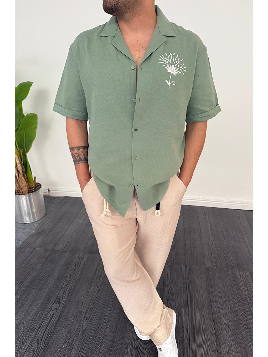 Nakış Detaylı Müslin Keten Kısa Kol Gömlek Yeşil-2