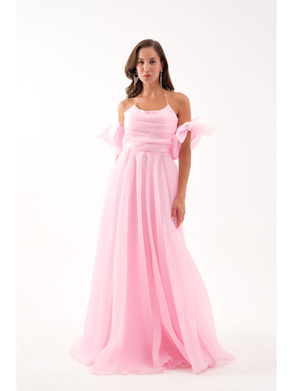 Pembe Kadın Pudra Göğüs Drapeli Organze Abiye Elbise-3