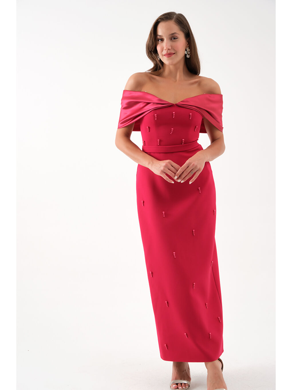 Kadın Bordo Kayık Yaka İncili Söz Nişan Nikah Abiye Elbise-2