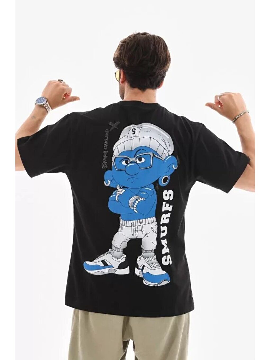 Unisex Bisiklet Yaka Baskılı Oversize T-Shirt - Siyah-1