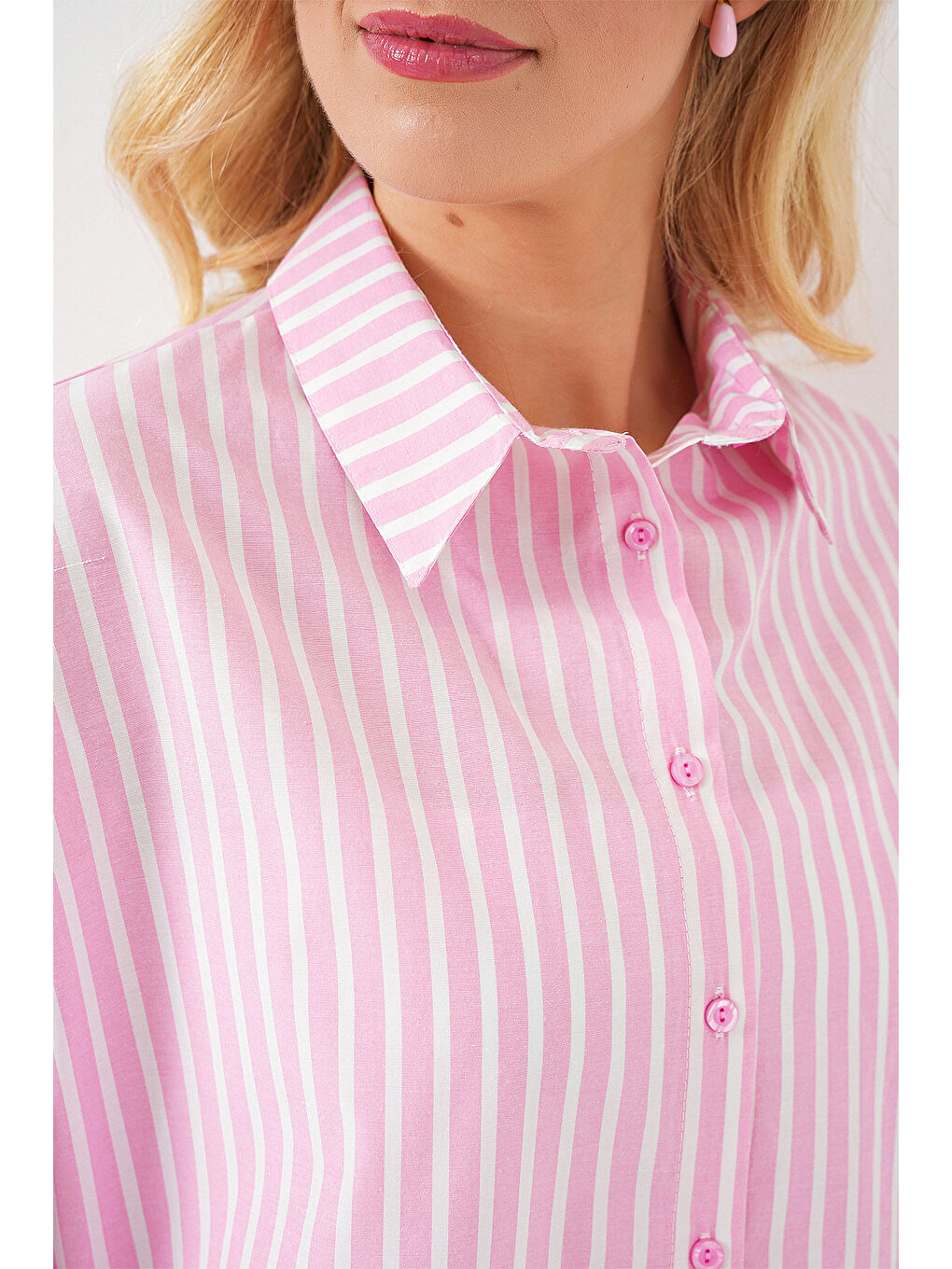 Pembe Kadın Çizgili Oversize Gömlek 20332 - Pudra-5