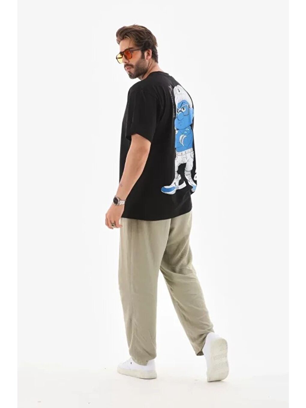 Unisex Bisiklet Yaka Baskılı Oversize T-Shirt - Siyah-2