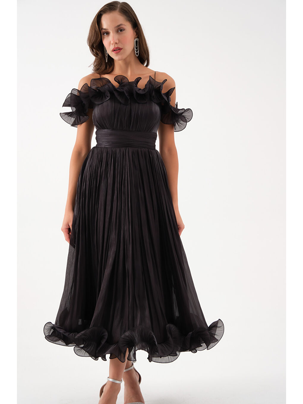 Kadın Siyah Yaka Detay Midi Abiye Elbise-1