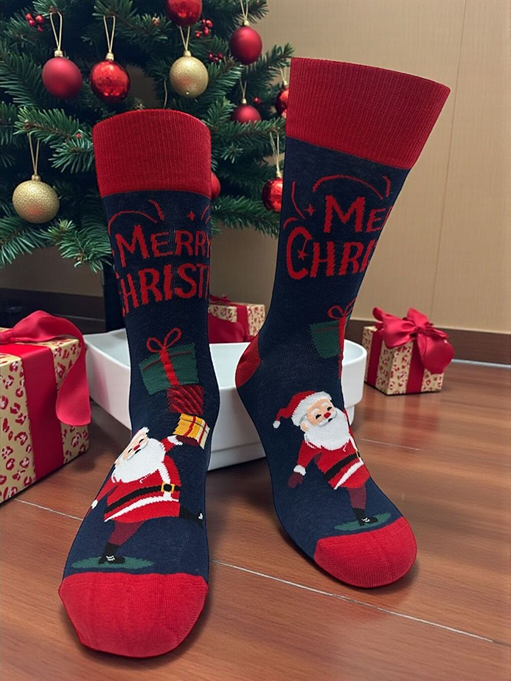 Kırmızı Erkek Yılbaşı Çorabı 41-46 Numara Merry Christmas Desenli Pamuklu Elastanlı 2’li Paket-1