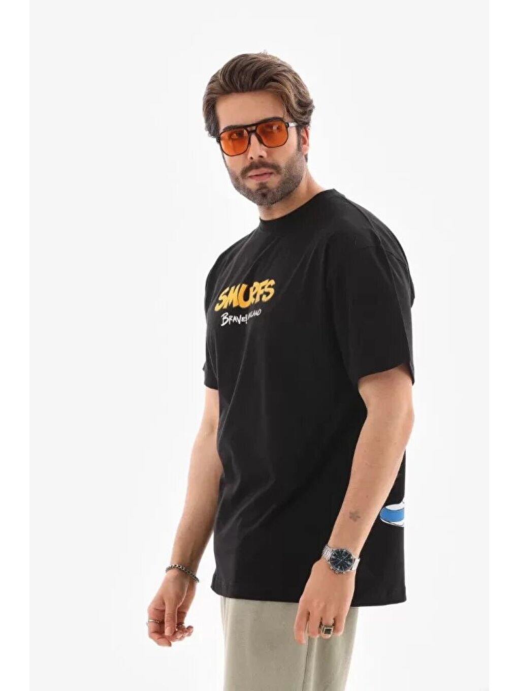 Unisex Bisiklet Yaka Baskılı Oversize T-Shirt - Siyah-3