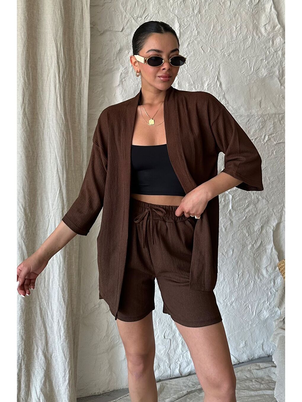 Kahverengi Kadın Kahve Kimono Gömlek Şort Alt Üst Takım