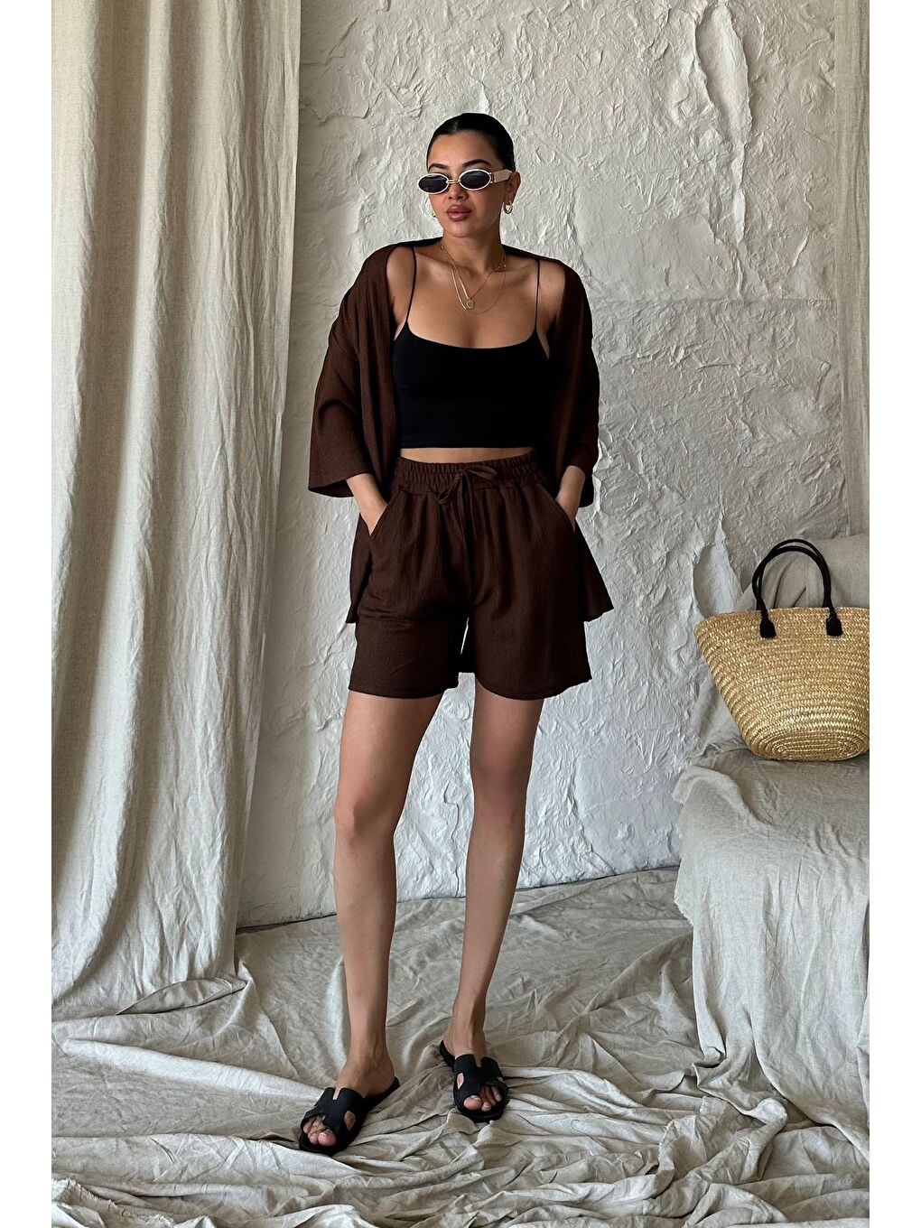 Kahverengi Kadın Kahve Kimono Gömlek Şort Alt Üst Takım-1